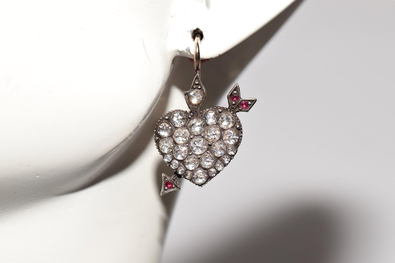Vintage 14k Gold Top Silver Natural Rose Cut Diamond Heart Arrow Earring For Sale 5