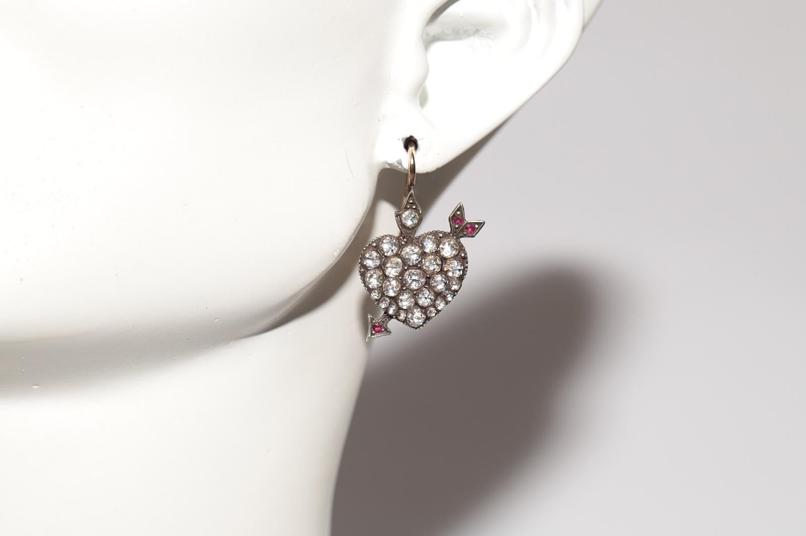 Vintage 14k Gold Top Silver Natural Rose Cut Diamond Heart Arrow Earring For Sale 6