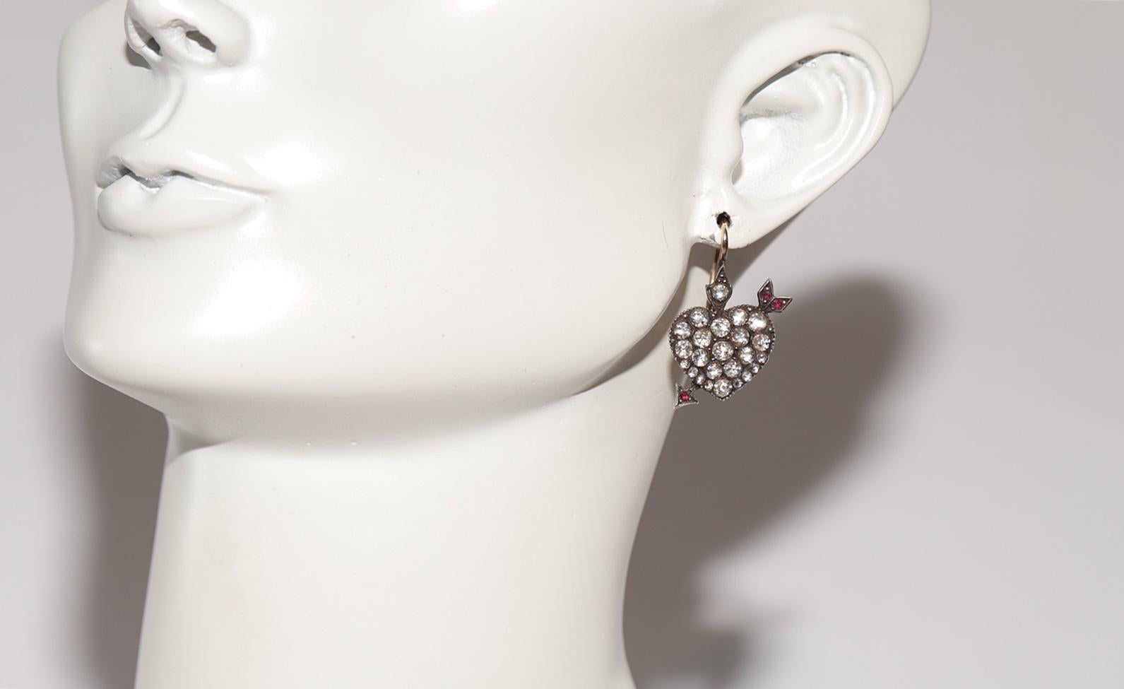 Vintage 14k Gold Top Silver Natural Rose Cut Diamond Heart Arrow Earring For Sale 7