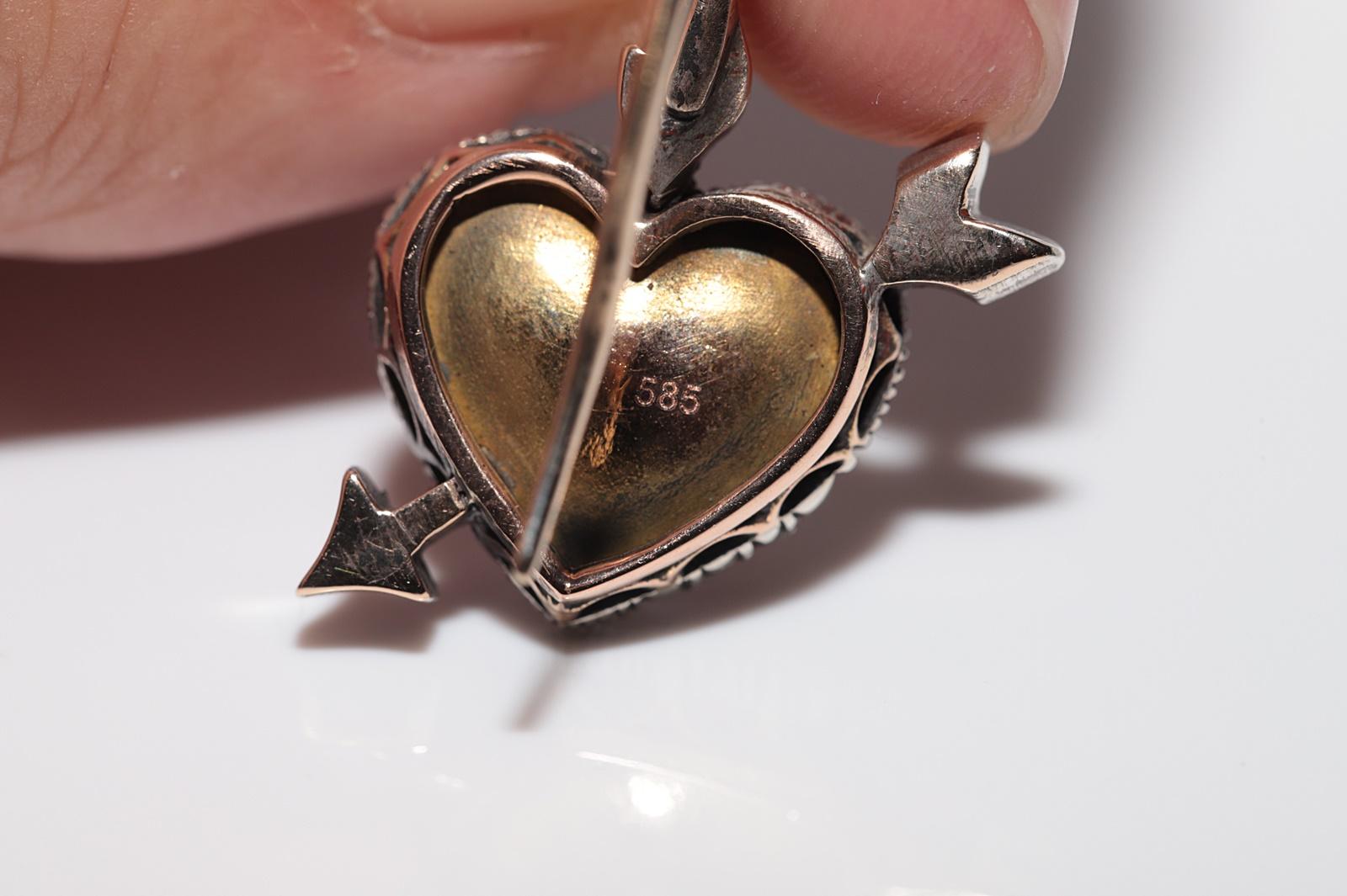 Vintage 14k Gold Top Silver Natural Rose Cut Diamond Heart Arrow Earring For Sale 9
