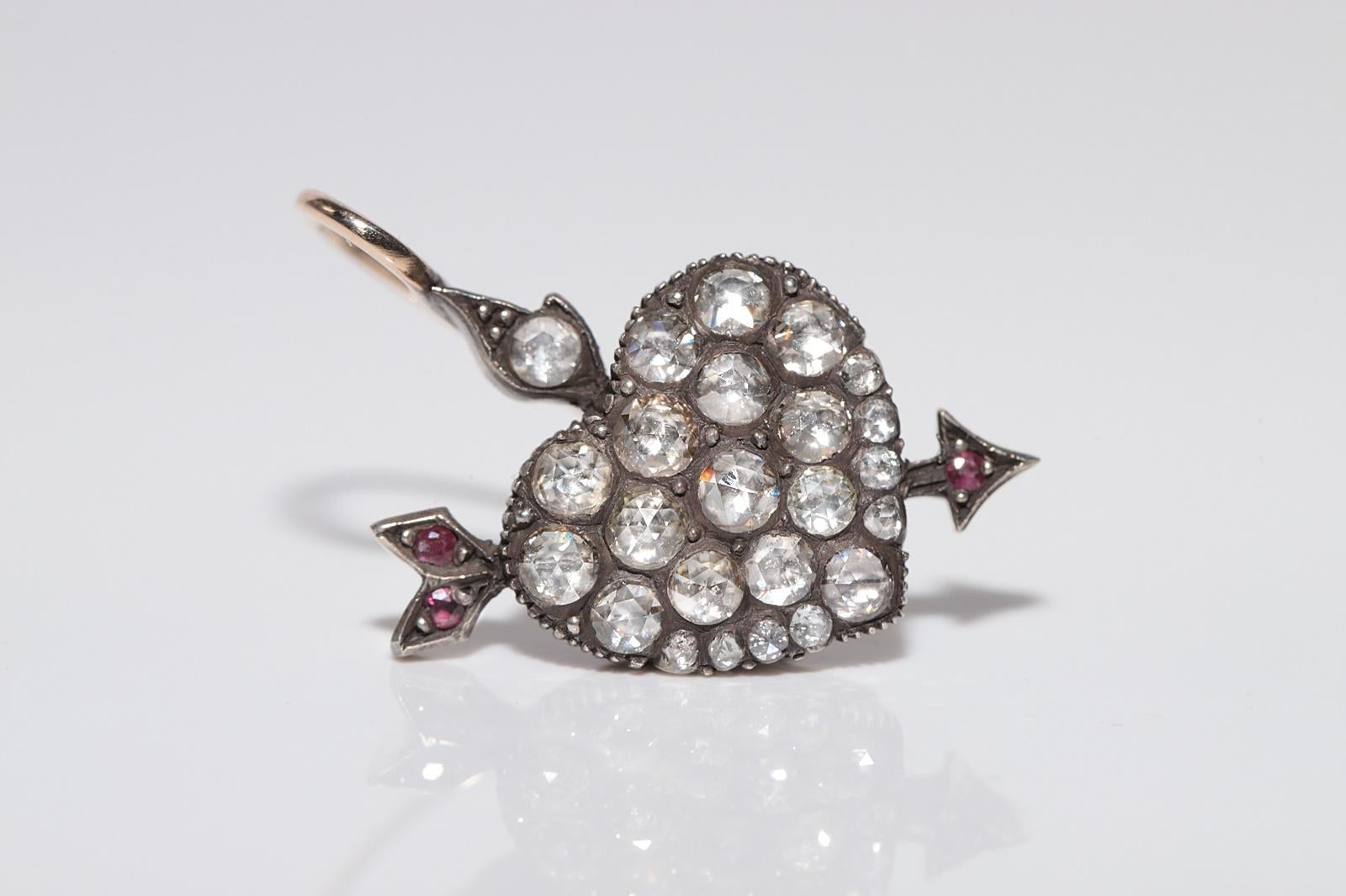 Vintage 14k Gold Top Silver Natural Rose Cut Diamond Heart Arrow Earring In Good Condition For Sale In Fatih/İstanbul, 34
