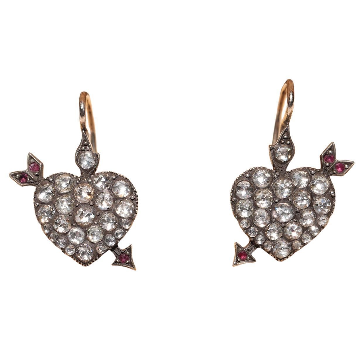Vintage 14k Gold Top Silver Natural Rose Cut Diamond Heart Arrow Earring