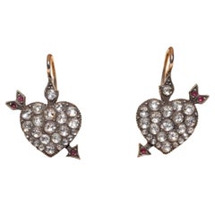 Vintage 14k Gold Top Silver Natural Rose Cut Diamond Heart Arrow Earring