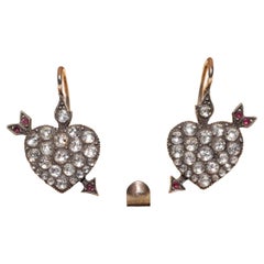 Vintage 14k Gold Top Silver Natural Rose Cut Diamond Heart Arrow Earring