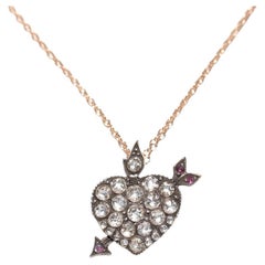 Vintage 14k Gold Top Silver Natural Rose Cut Diamond Ruby Heart Arrow Necklace