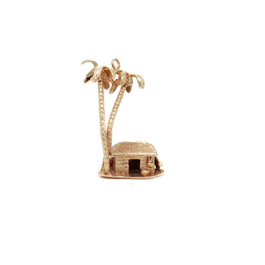 Vintage 14K Gold Tropical Beach Hut & Palm Trees Charm for a Bracelet In Good Condition In Philadelphia, PA