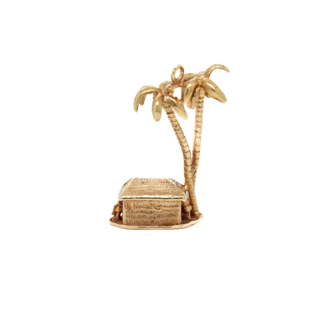 Vintage 14K Gold Tropical Beach Hut & Palm Trees Charm for a Bracelet 1
