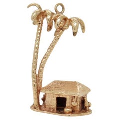 Vintage 14K Gold Tropical Beach Hut & Palm Trees Charm for a Bracelet