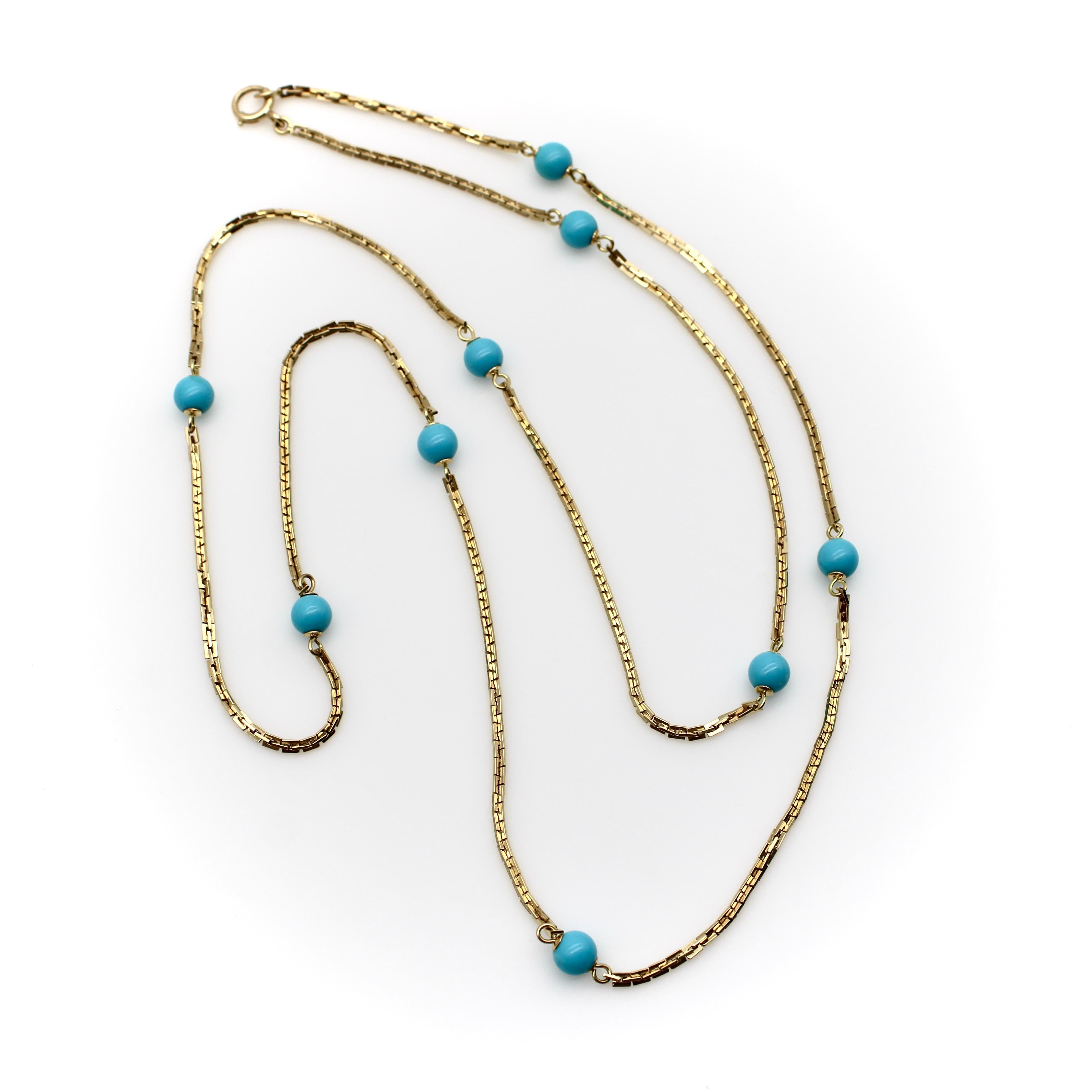 Modern Vintage 14K Gold Turquoise Bead 36” Station Necklace  For Sale