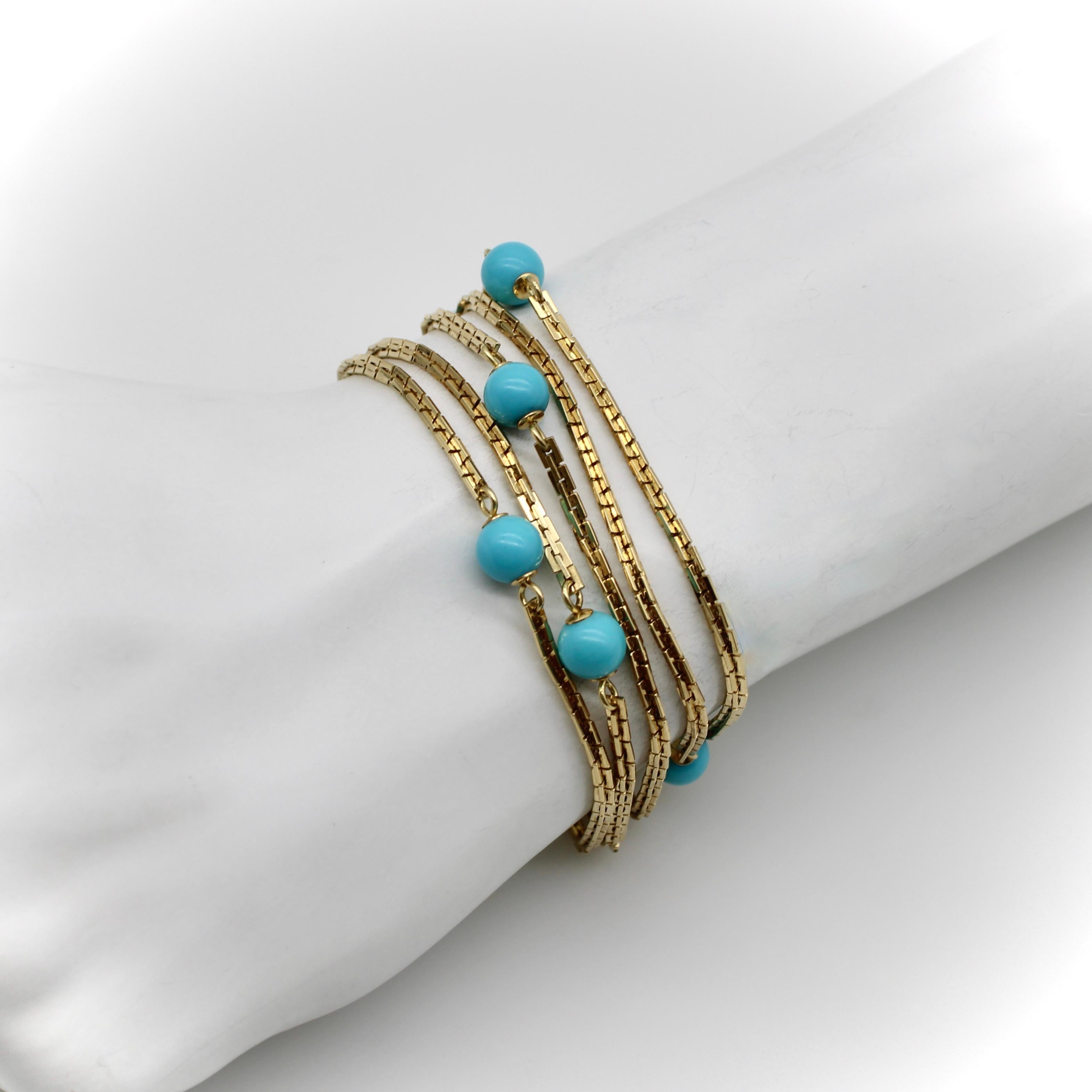 Modern Vintage 14K Gold Turquoise Bead 36” Station Necklace For Sale