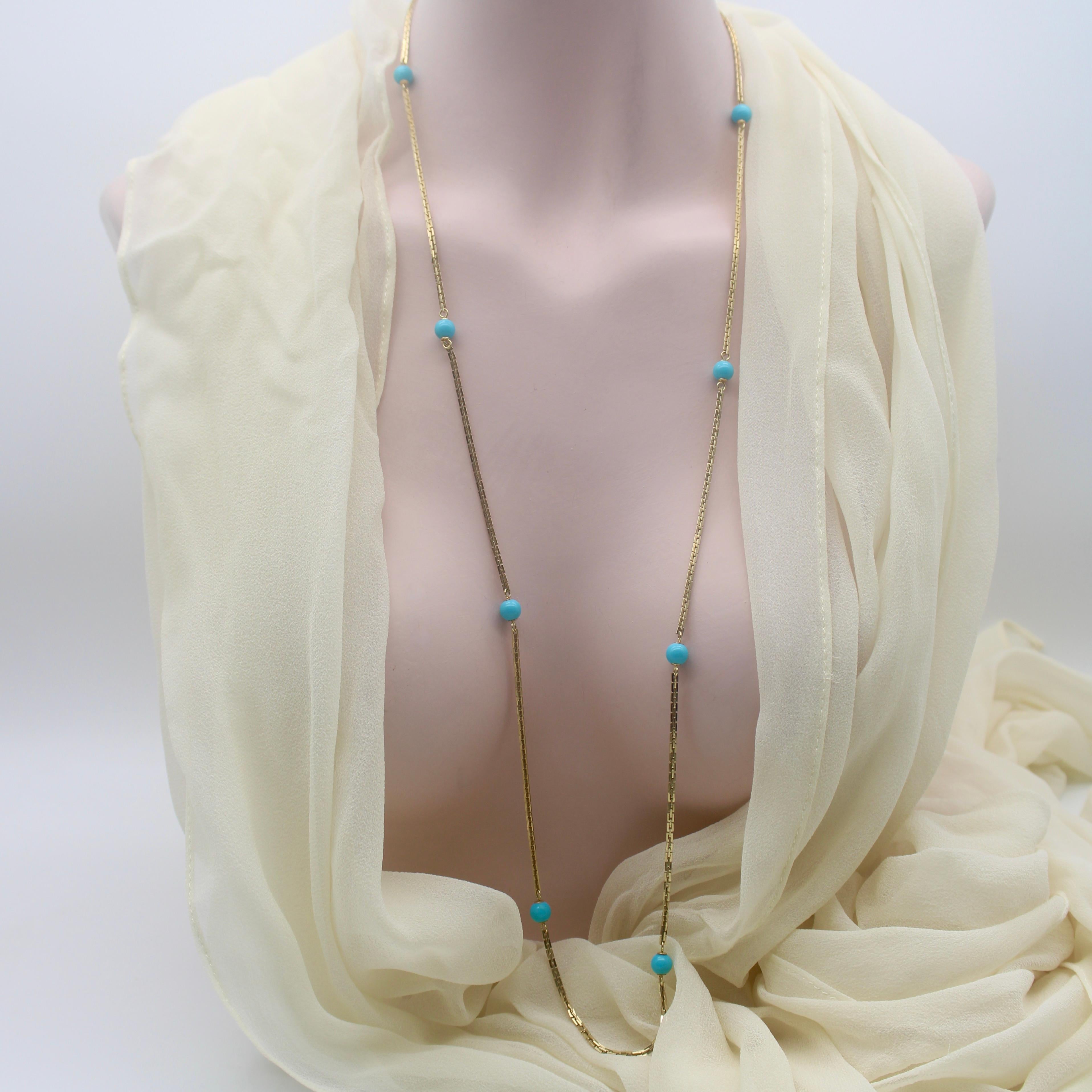 Vintage 14K Gold Turquoise Bead 36” Station Necklace In Good Condition For Sale In Venice, CA