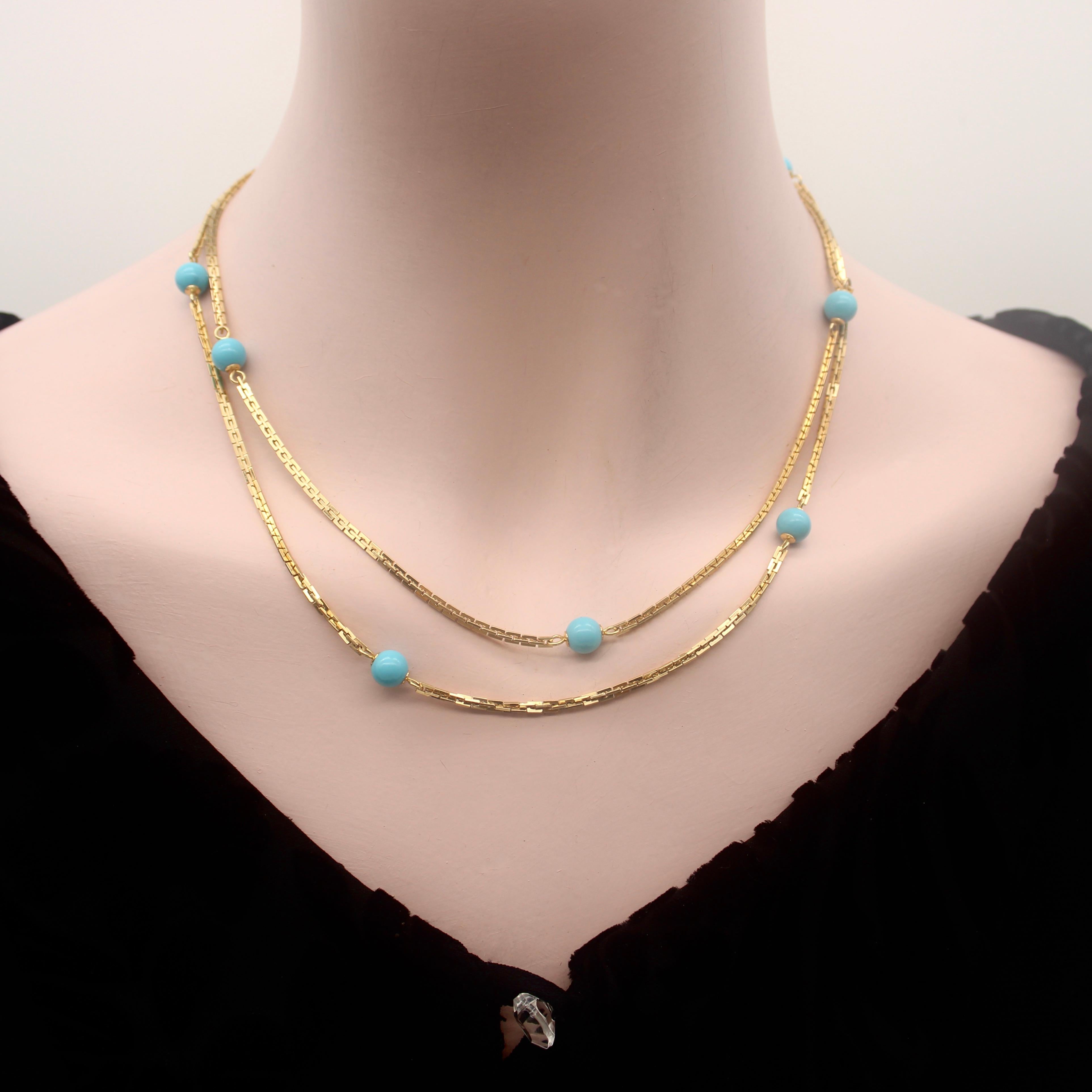 Women's or Men's Vintage 14K Gold Turquoise Bead 36” Station Necklace For Sale
