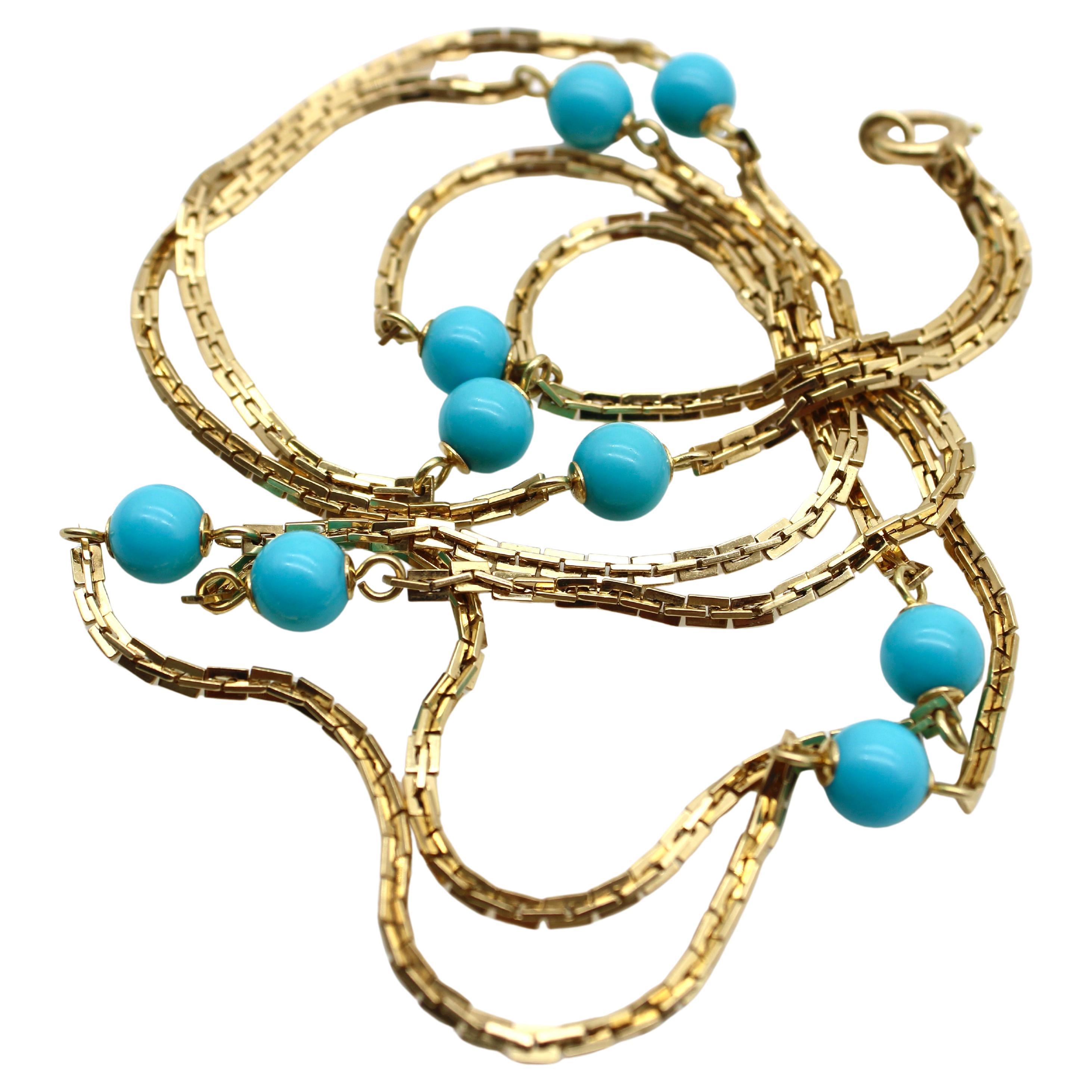 Vintage 14K Gold Turquoise Bead 36” Station Necklace 
