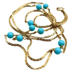 Retro 14K Gold Turquoise Bead 36” Station Necklace 