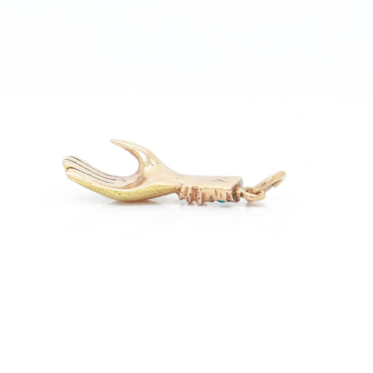 Vintage 14K Gold & Turquoise Cabochon Figural Hand Charm For Sale 6