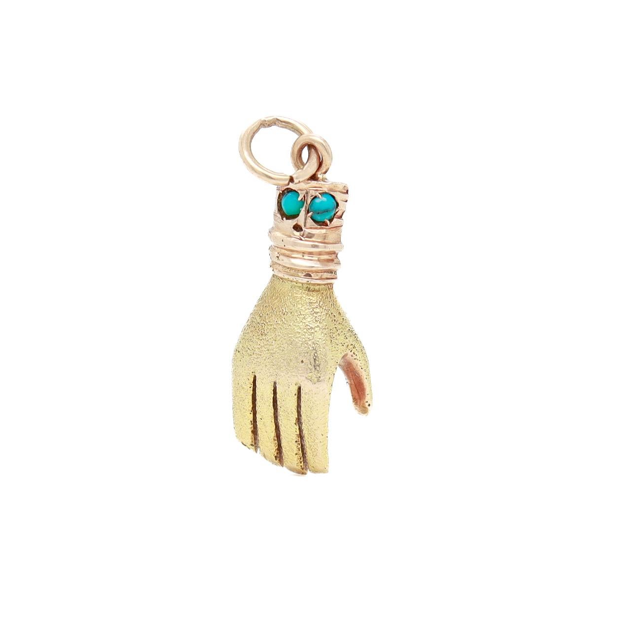 Retro Vintage 14K Gold & Turquoise Cabochon Figural Hand Charm For Sale