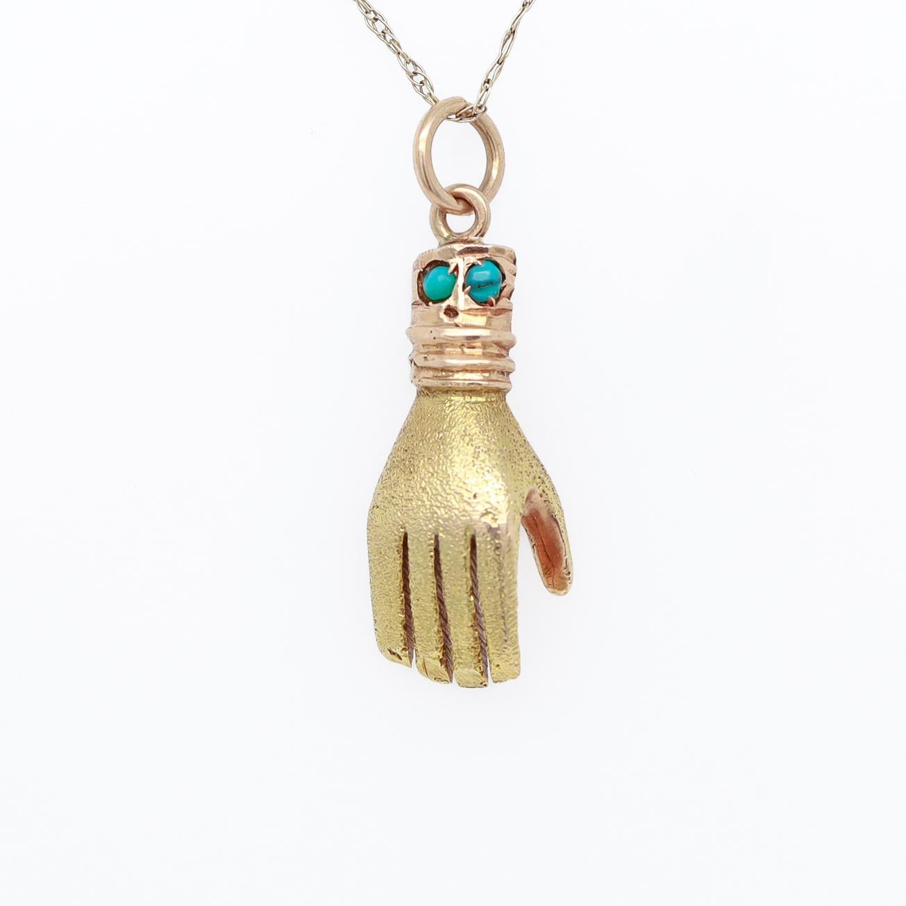 Women's Vintage 14K Gold & Turquoise Cabochon Figural Hand Charm For Sale