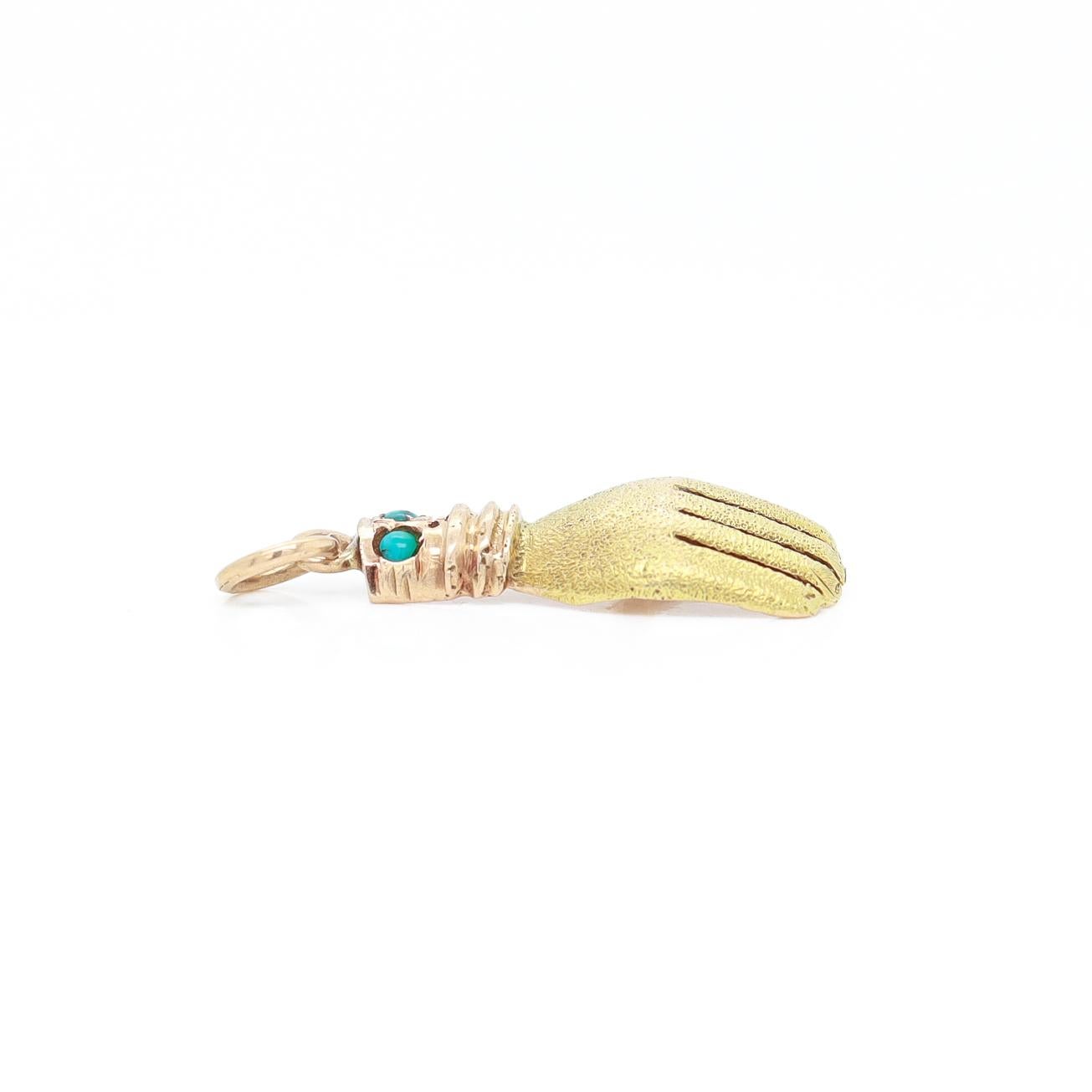 Vintage 14K Gold & Turquoise Cabochon Figural Hand Charm For Sale 4