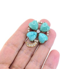 Vintage 14k Gold Turquoise Heart Clover Pendant with Diamonds