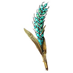 Vintage 14K Gold Turquoise Leaf-Form Brooch, Mid-20th Century, 11.19g