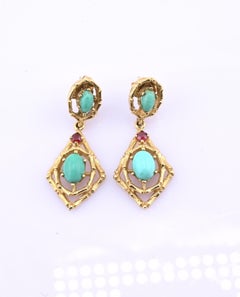 Vintage 14k Gold Turquoise & Red Stone Openwork Dangle Earrings