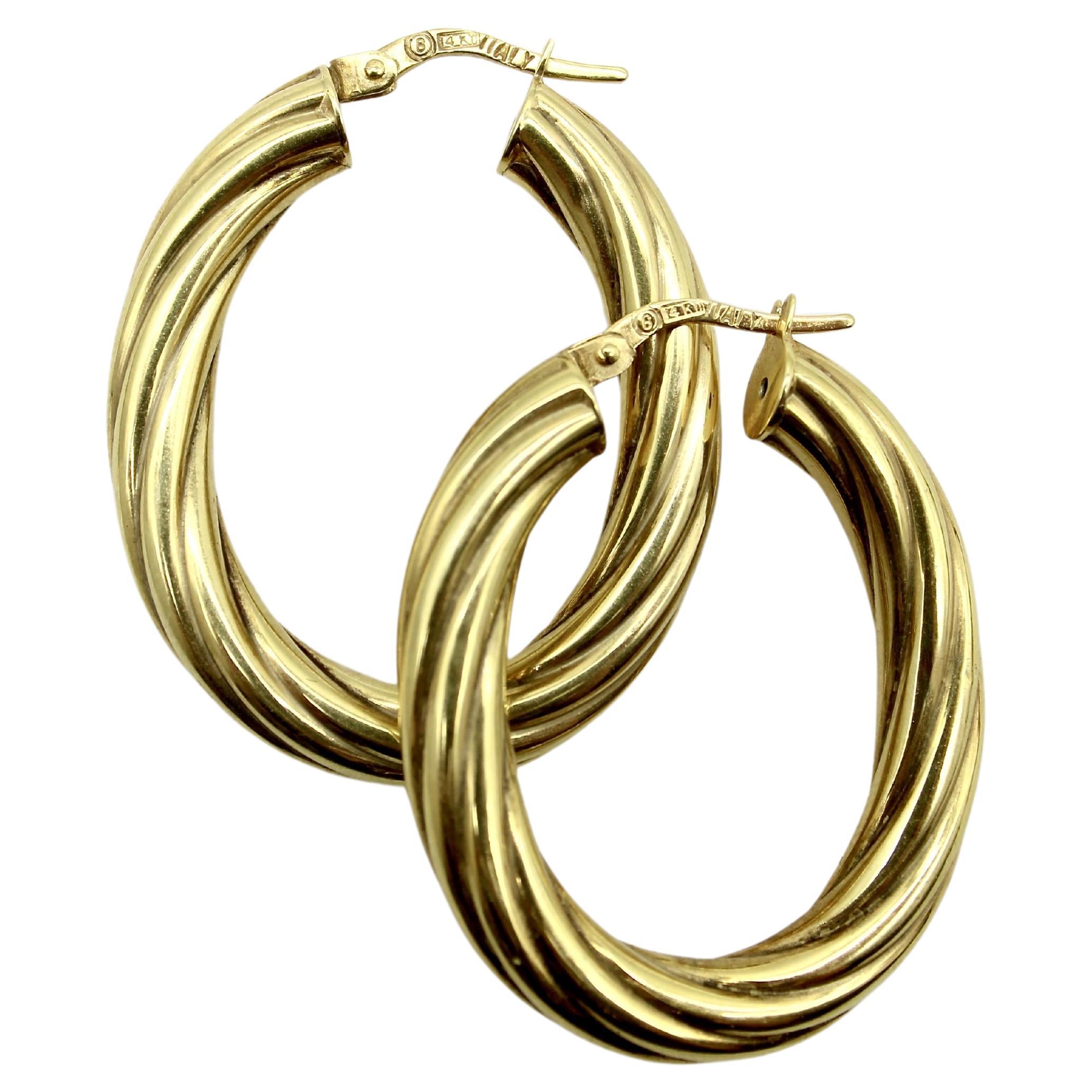 Vintage 14K Gold Twisted Oval Italian Hoops For Sale