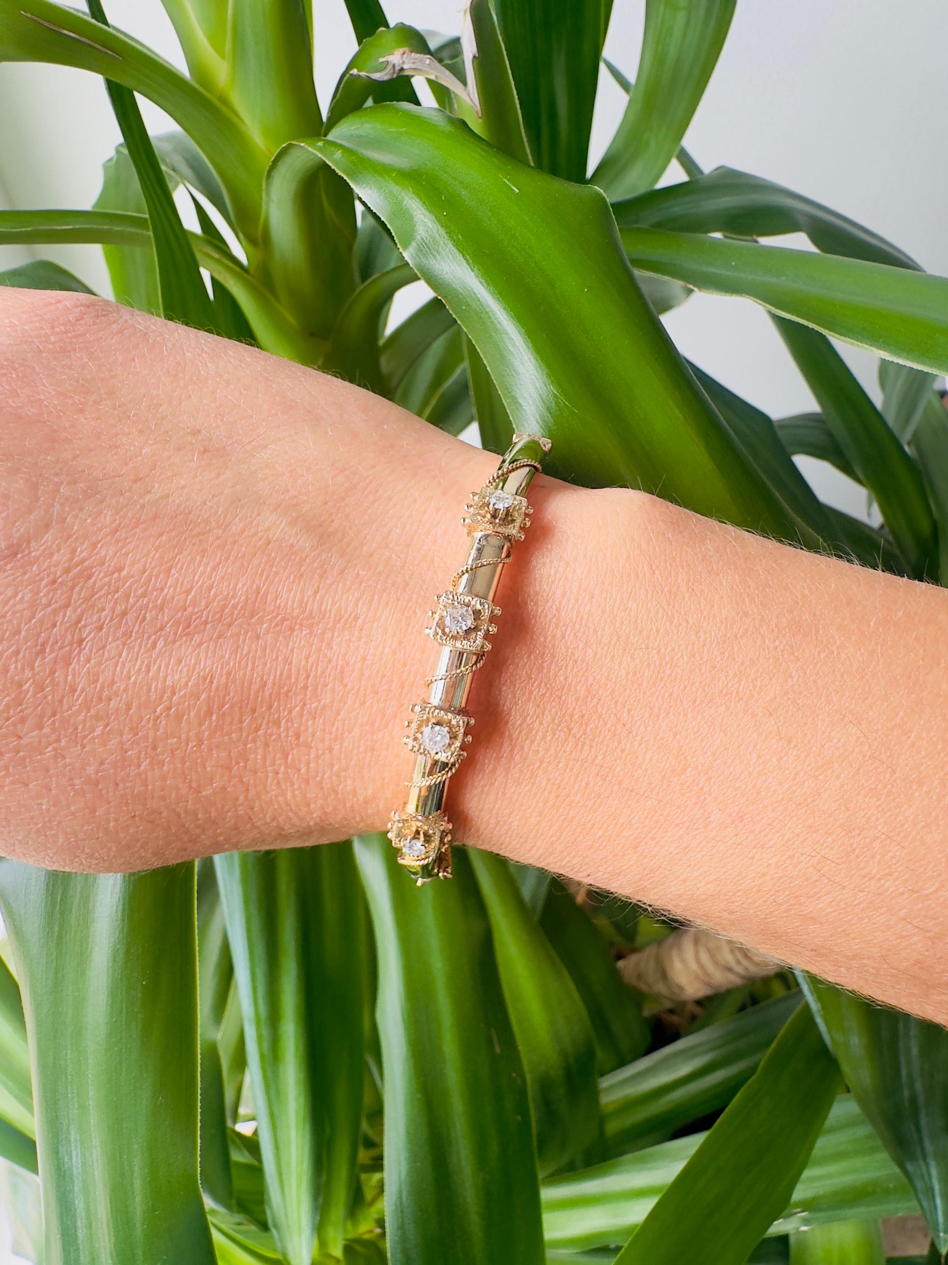 Women's Vintage 14K Gold Twisted Rope & .40 CTW Diamond Hinged Bangle Bracelet For Sale