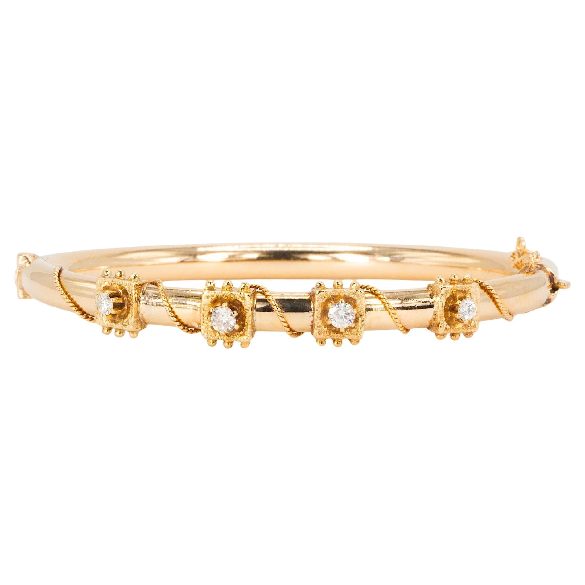 Vintage 14K Gold Twisted Rope & .40 CTW Diamond Hinged Bangle Bracelet For Sale