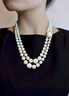 Vintage 14K Gold Two Stands Flower Coral Beads Necklace