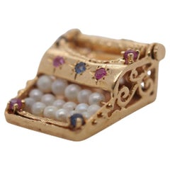 Vintage 14K Gold Typewriter Pendant Charm with Ruby Sapphire and Pearl