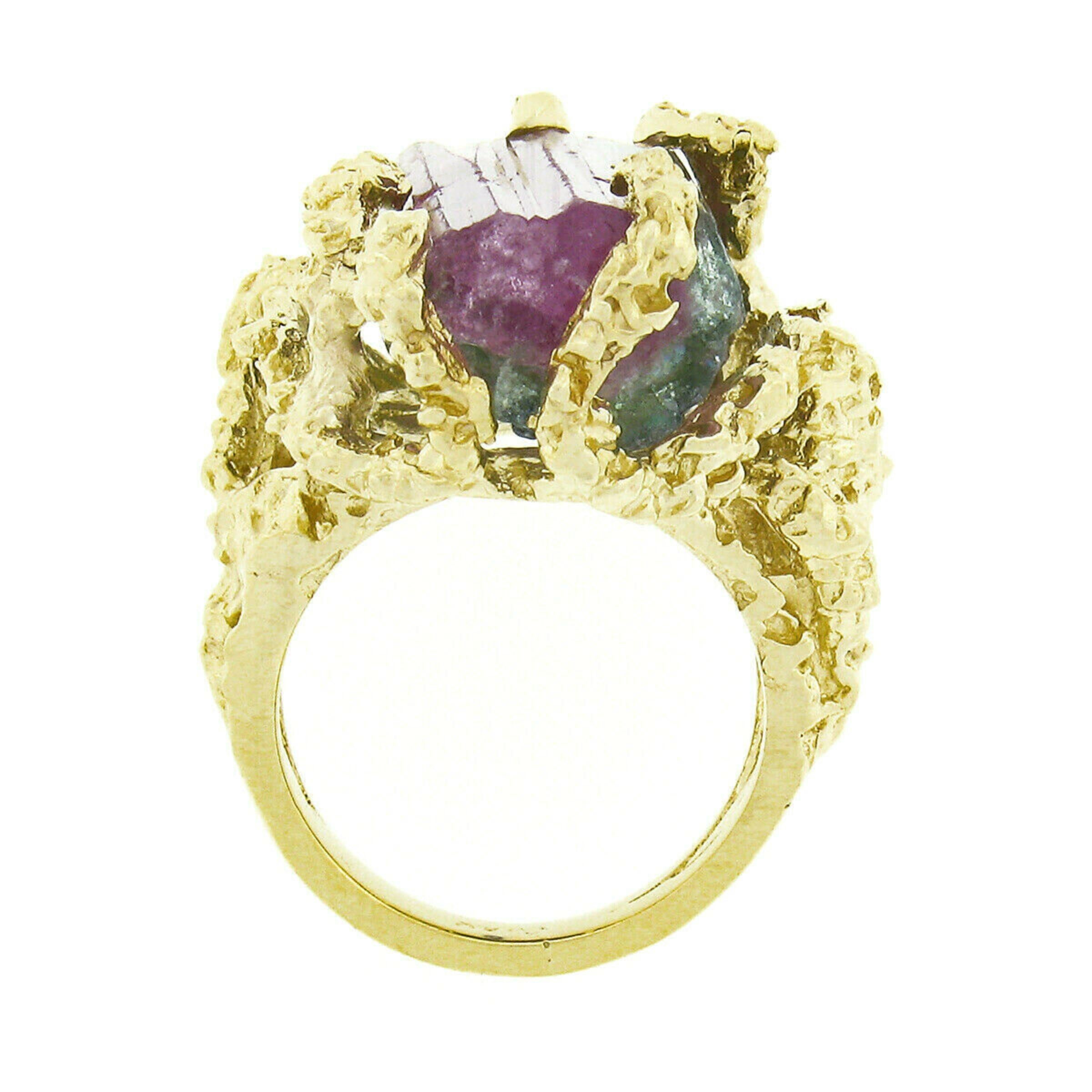 Vintage 14k Gold Uncut Watermelon Tourmaline Open Freeform Nugget Textured Ring In Good Condition For Sale In Montclair, NJ