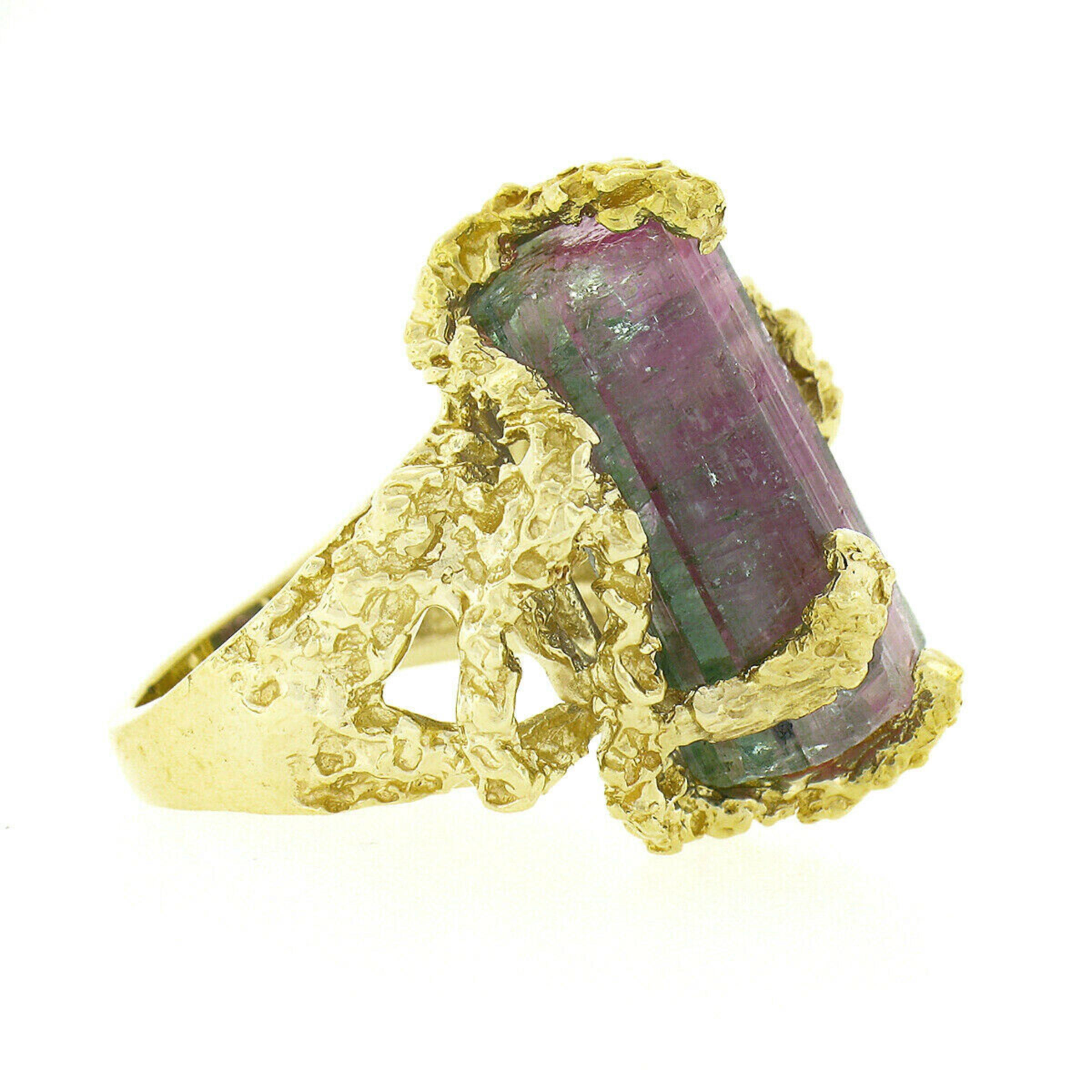 Vintage 14k Gold Uncut Watermelon Tourmaline Open Freeform Nugget Textured Ring For Sale 1