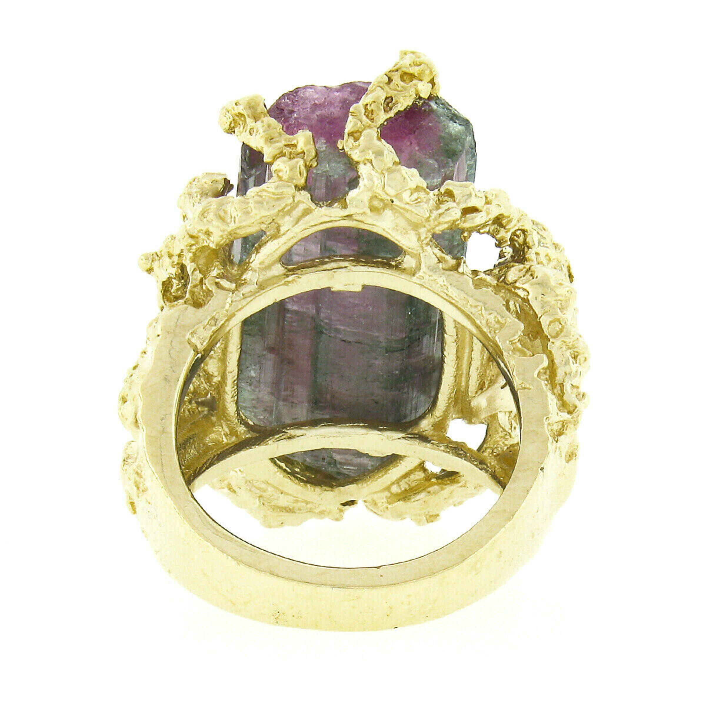 Vintage 14k Gold Uncut Watermelon Tourmaline Open Freeform Nugget Textured Ring For Sale 2