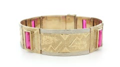Vintage 14k Gold Vivid Pink Stones Wide 17.2mm Hand Engraved Panel Link Bracelet