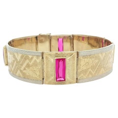 Vintage 14k Gold Vivid Pink Stones Wide 17.2mm Hand Engraved Panel Link Bracelet