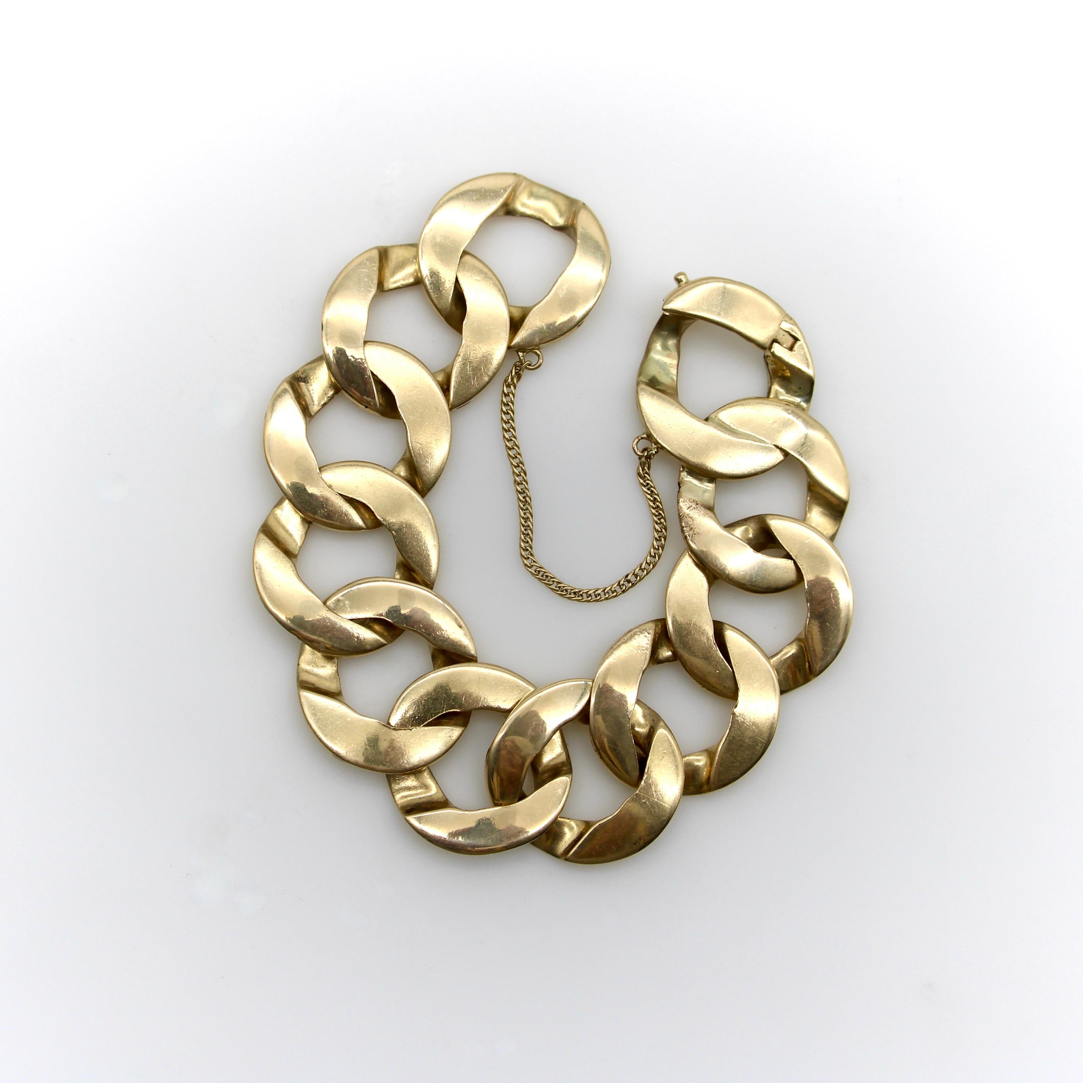 Modern Vintage 14K Gold Wide Flattened Curb Link Bracelet  For Sale
