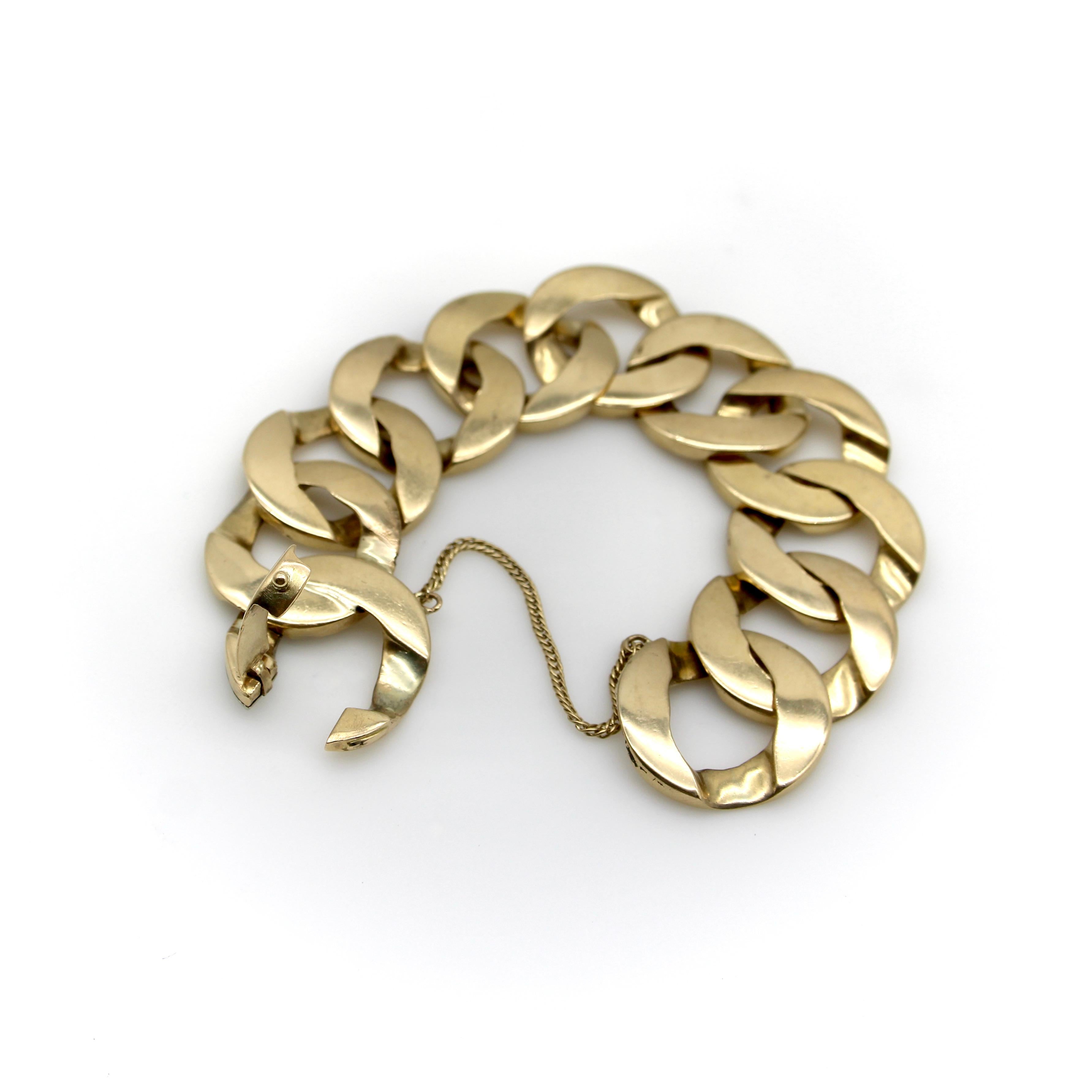 Women's or Men's Vintage 14K Gold Wide Flattened Curb Link Bracelet  For Sale