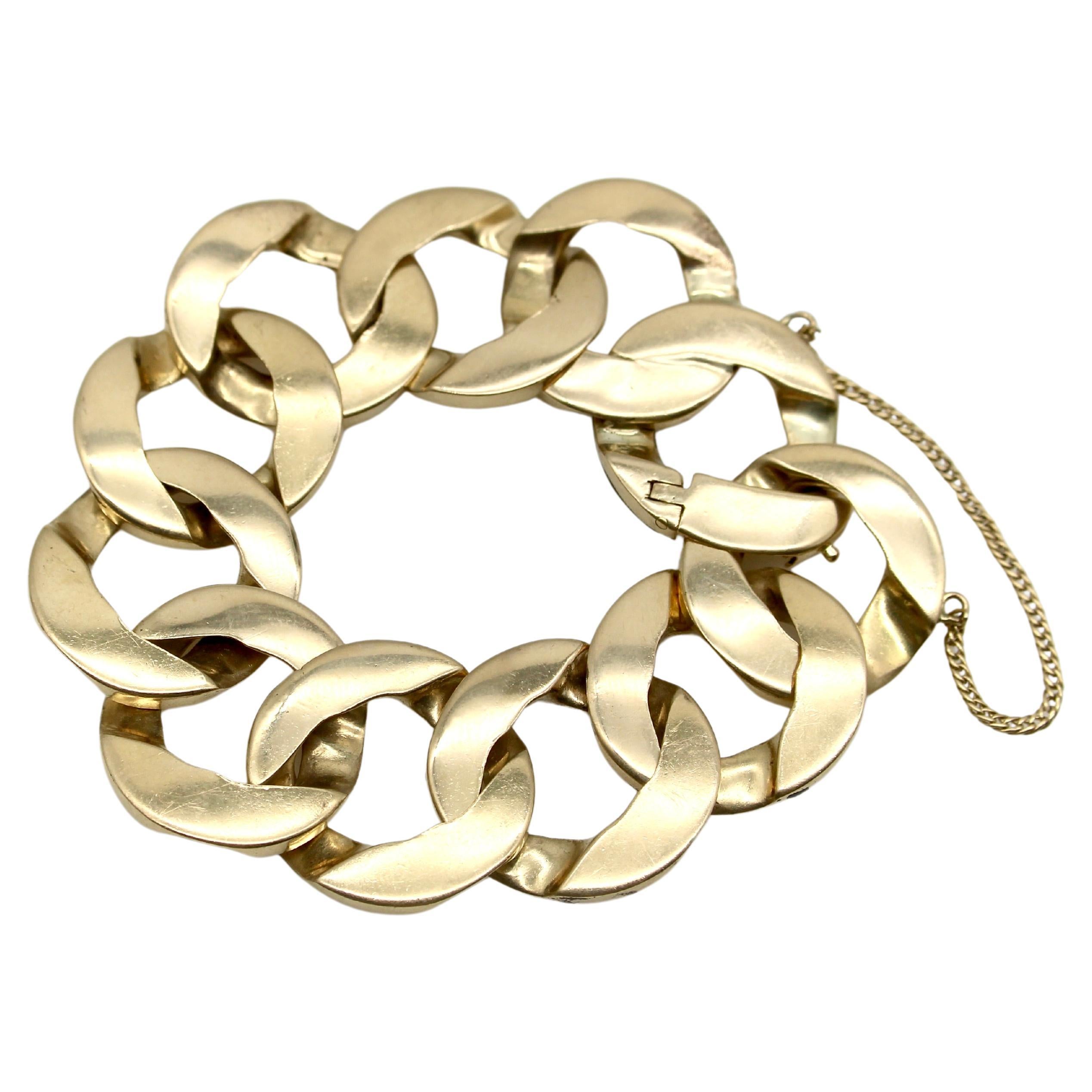 Vintage 14K Gold Wide Flattened Curb Link Bracelet  For Sale