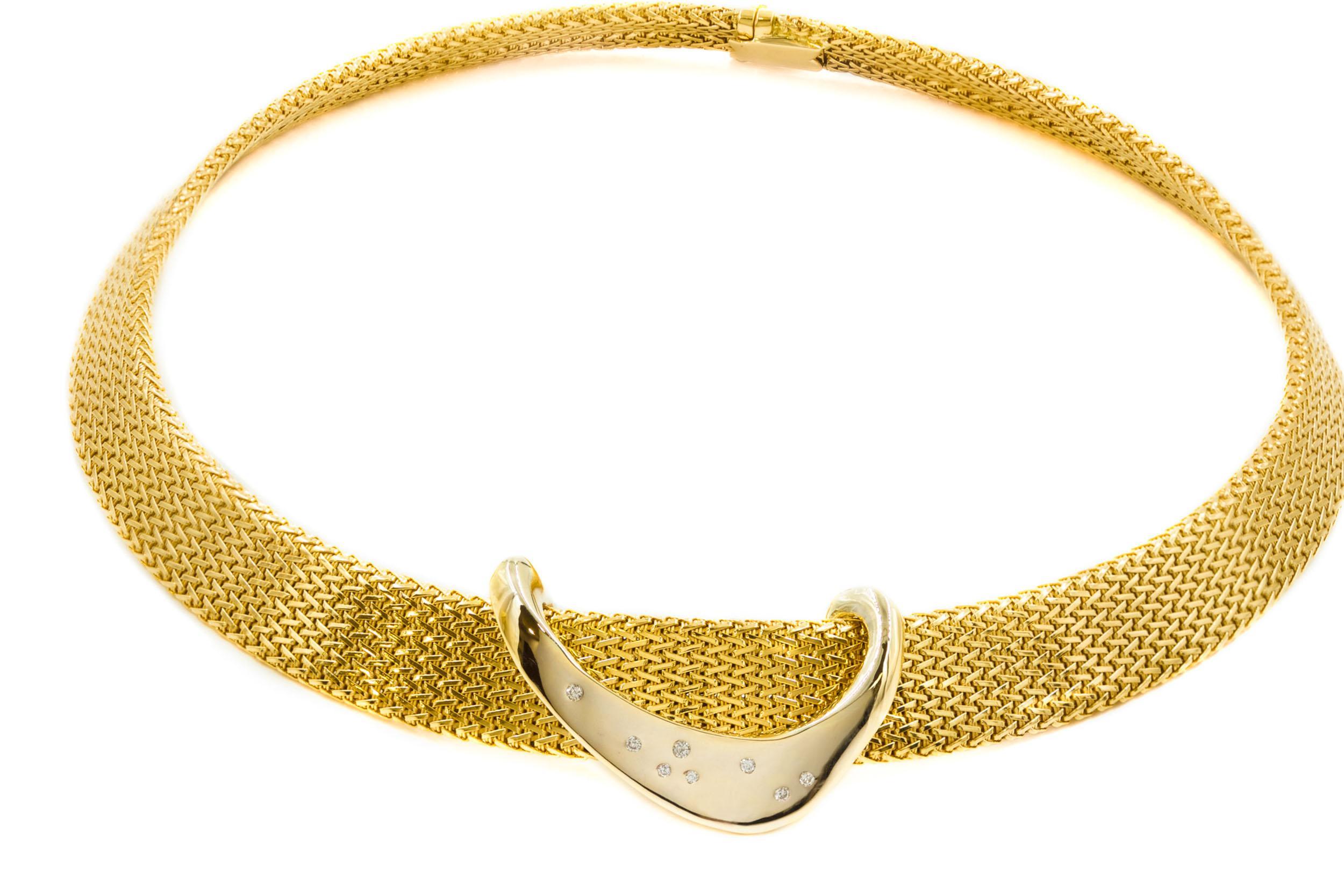 Mid-Century Modern Vintage 14k Gold Woven Choker Necklace w/ Modernist Diamond Pendant, 91.4 grams For Sale