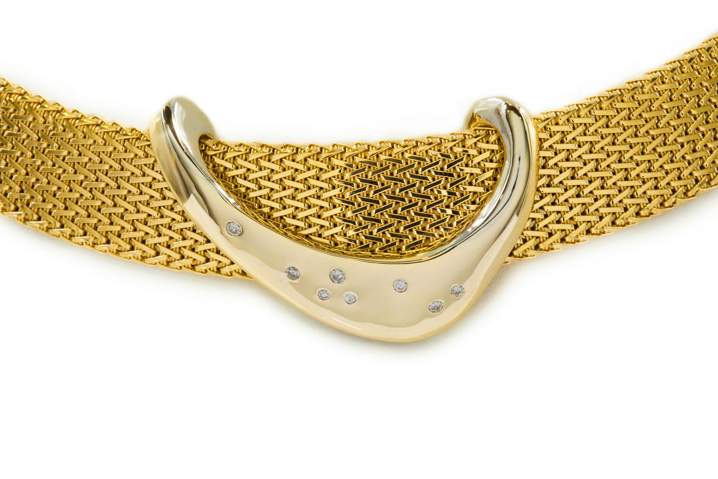 American Vintage 14k Gold Woven Choker Necklace w/ Modernist Diamond Pendant, 91.4 grams For Sale