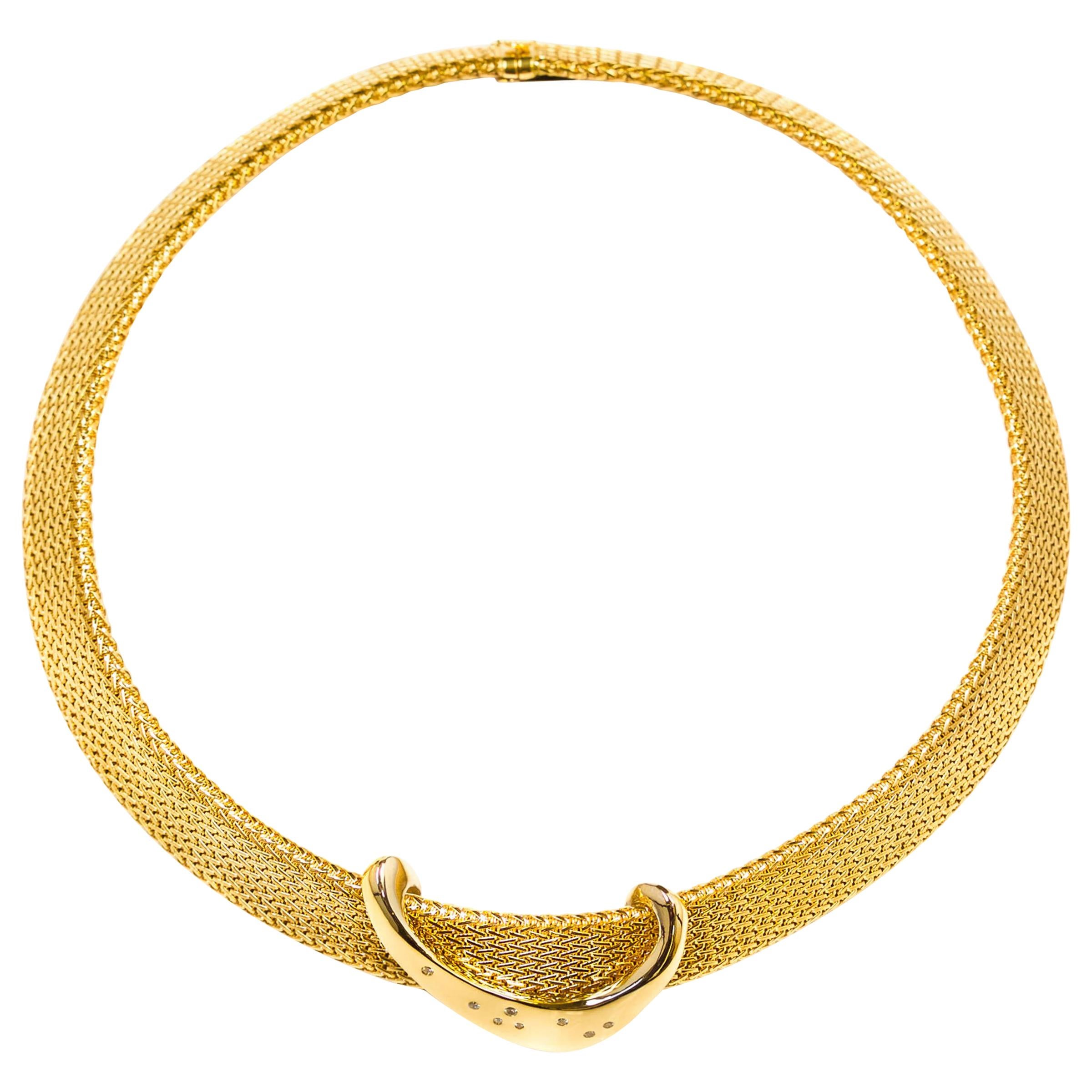 Vintage 14k Gold Woven Choker Necklace w/ Modernist Diamond Pendant, 91.4 grams For Sale