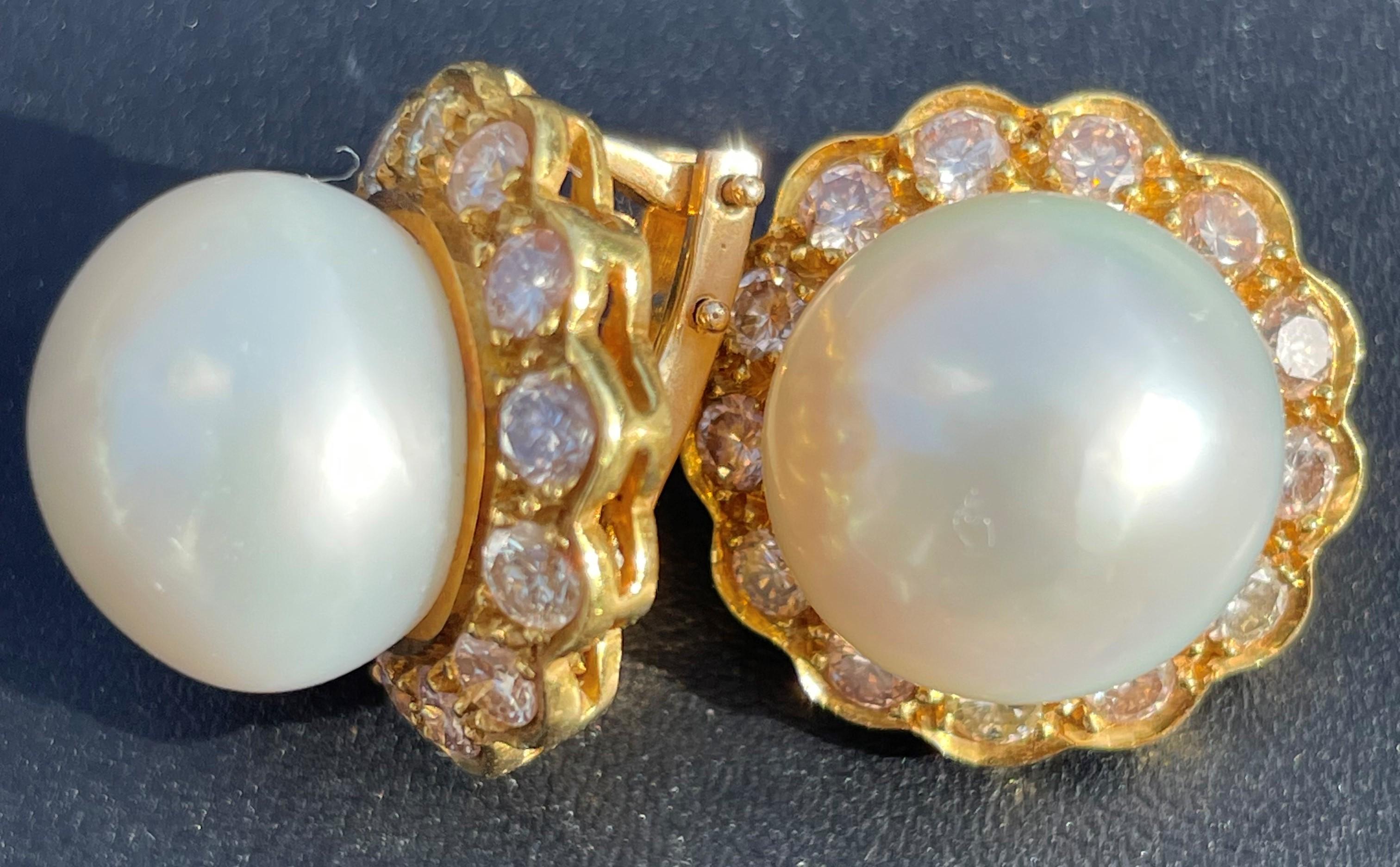 Brilliant Cut Vintage 14k Golden Clip on Earrings with Diamonds and Pearl For Sale