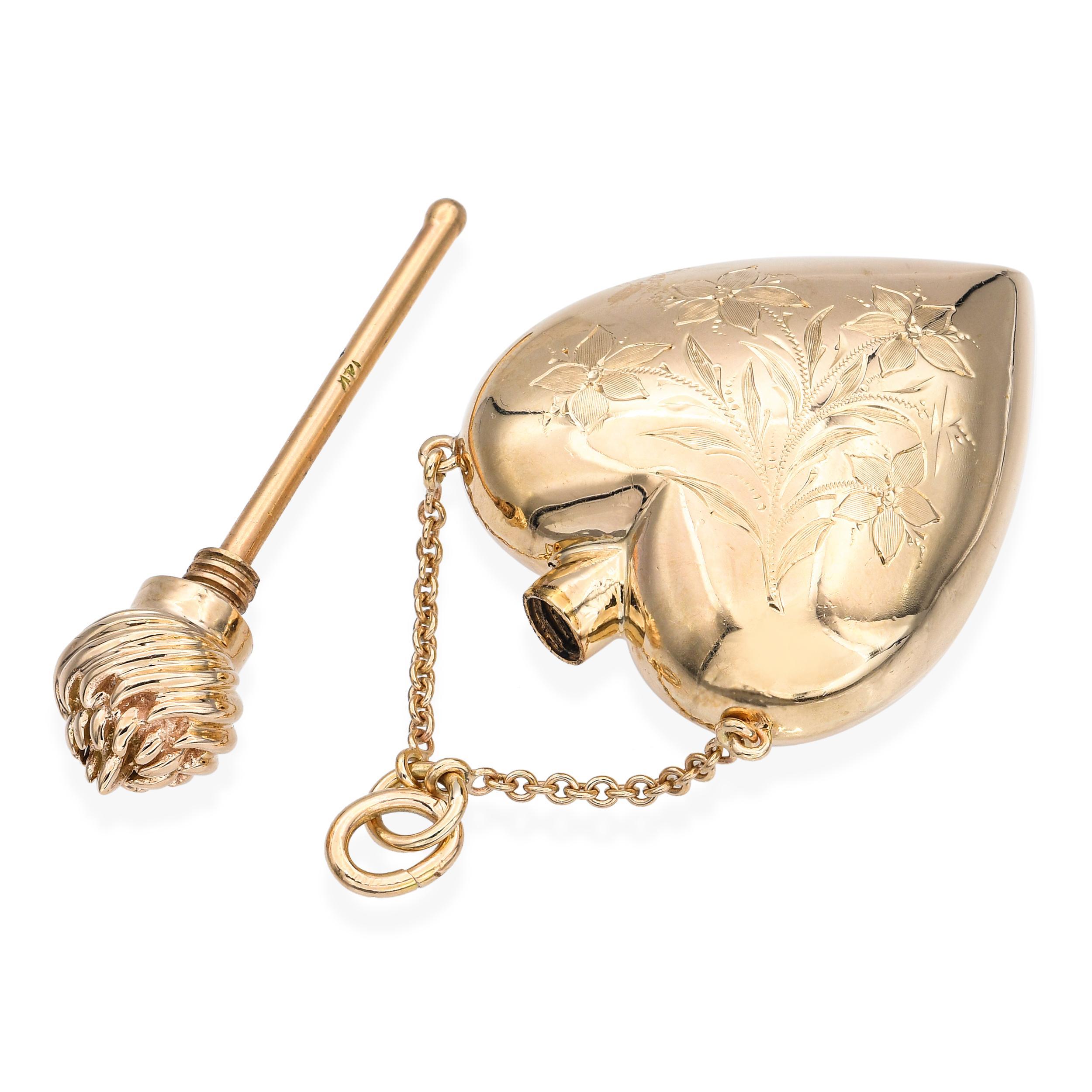 Vintage 14k Herz geformt graviert Parfüm Flasche Anhänger im Angebot 2