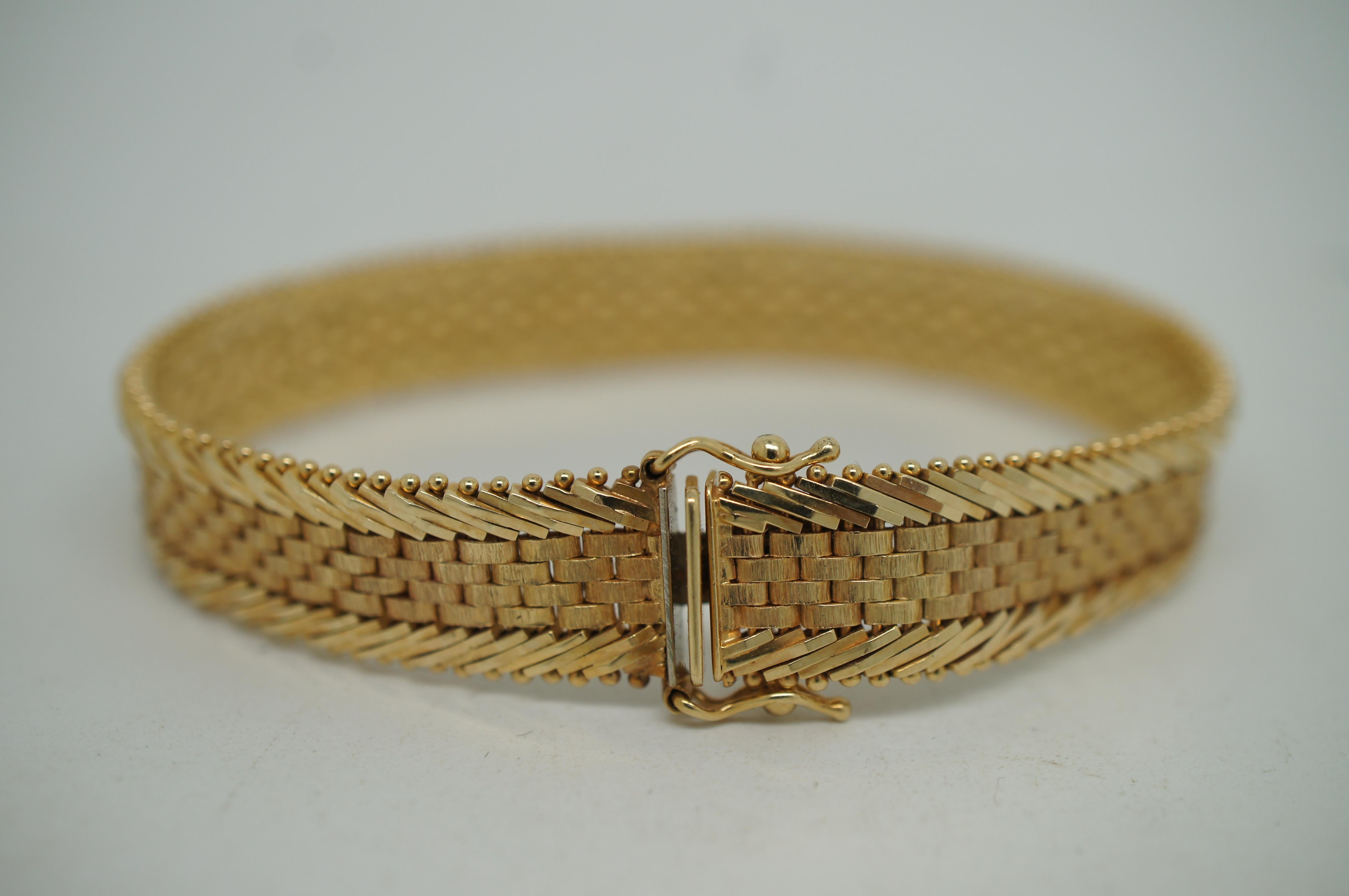20th Century Vintage 14K Imperial Gold Panther Herringbone Chain Bracelet 9.5mm 25g 7