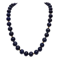 Vintage 14K Lapis Lazuli Bead Necklace, 10mm Natural Gems, 18-Inch Strand