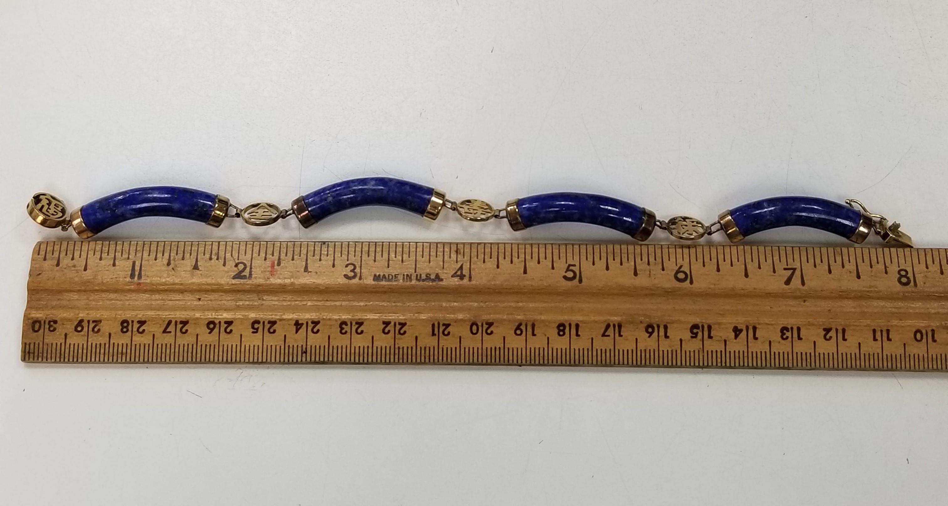 Contemporary Vintage 14k Lapis Lazuli Link Station Bracelet Chinese Good Luck Fortune For Sale