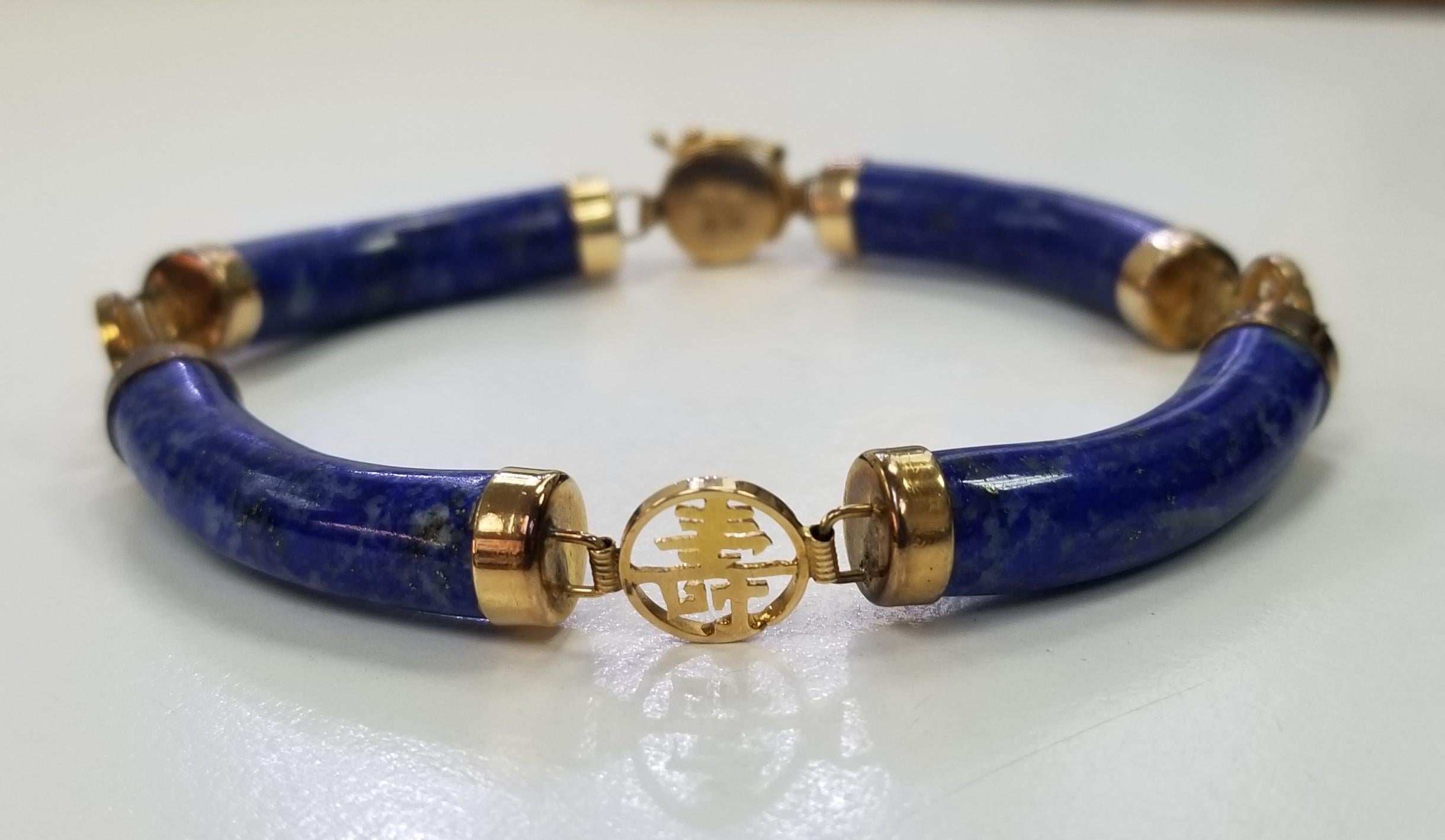 Vintage 14k Lapis Lazuli Link Station Bracelet Chinese Good Luck Fortune In Excellent Condition For Sale In Los Angeles, CA