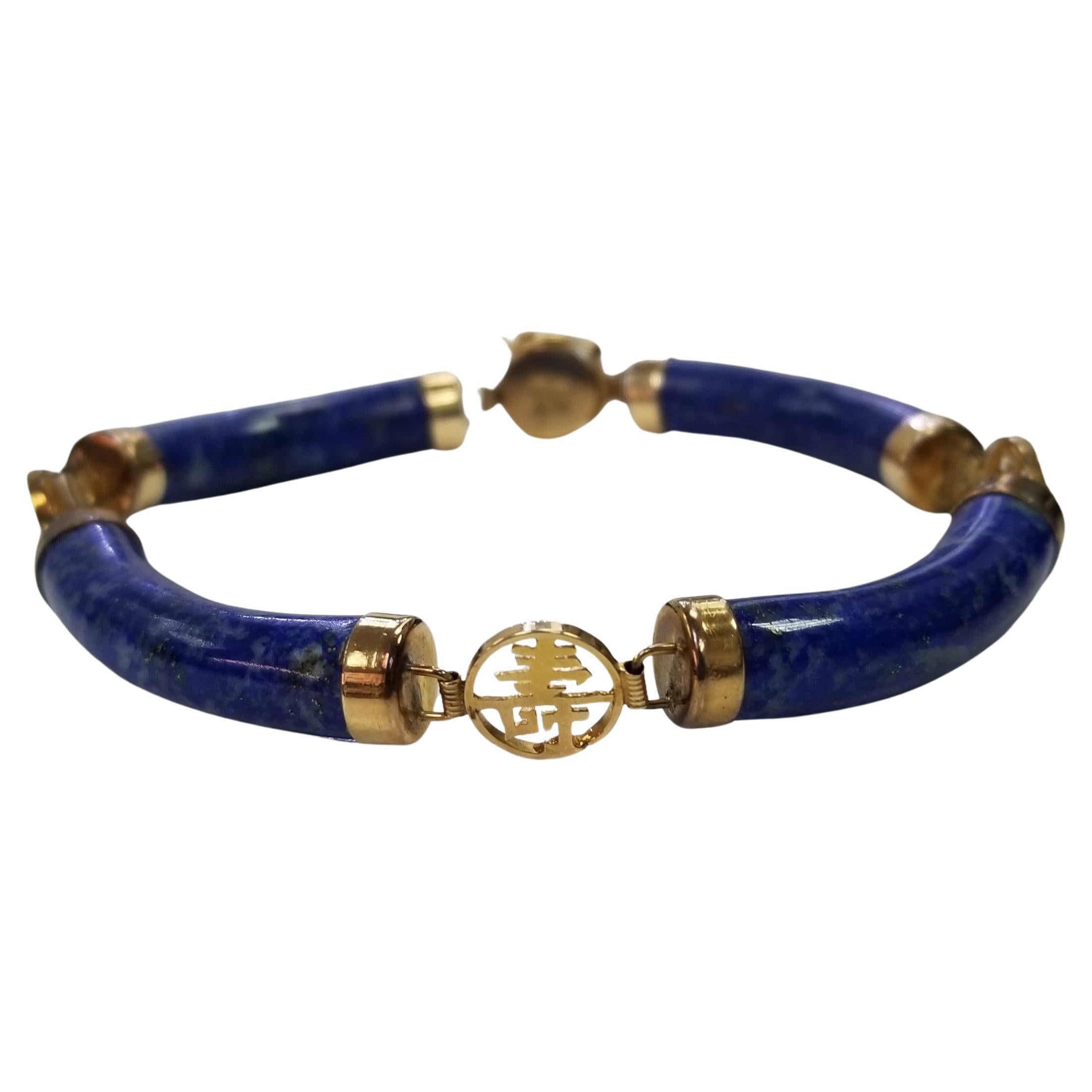 Bracelet vintage à maillons en lapis-lazuli 14 carats chinois Good Luck Fortune en vente