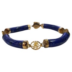 Vintage 14k Lapis Lazuli Link Station Bracelet Chinese Good Luck Fortune