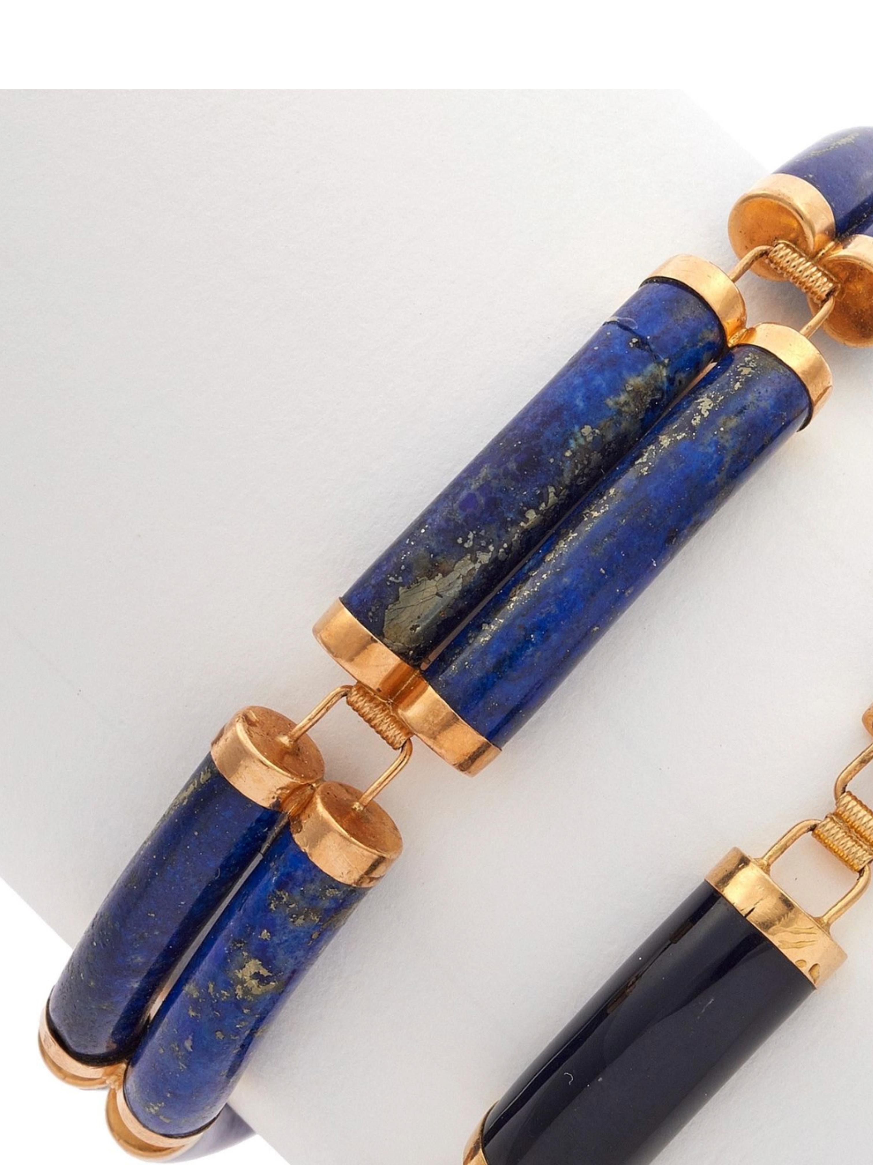 Vintage 14k Lapis Lazuli Two Bar Link Station Bracelet Chinese Good Luck Fortune For Sale 4